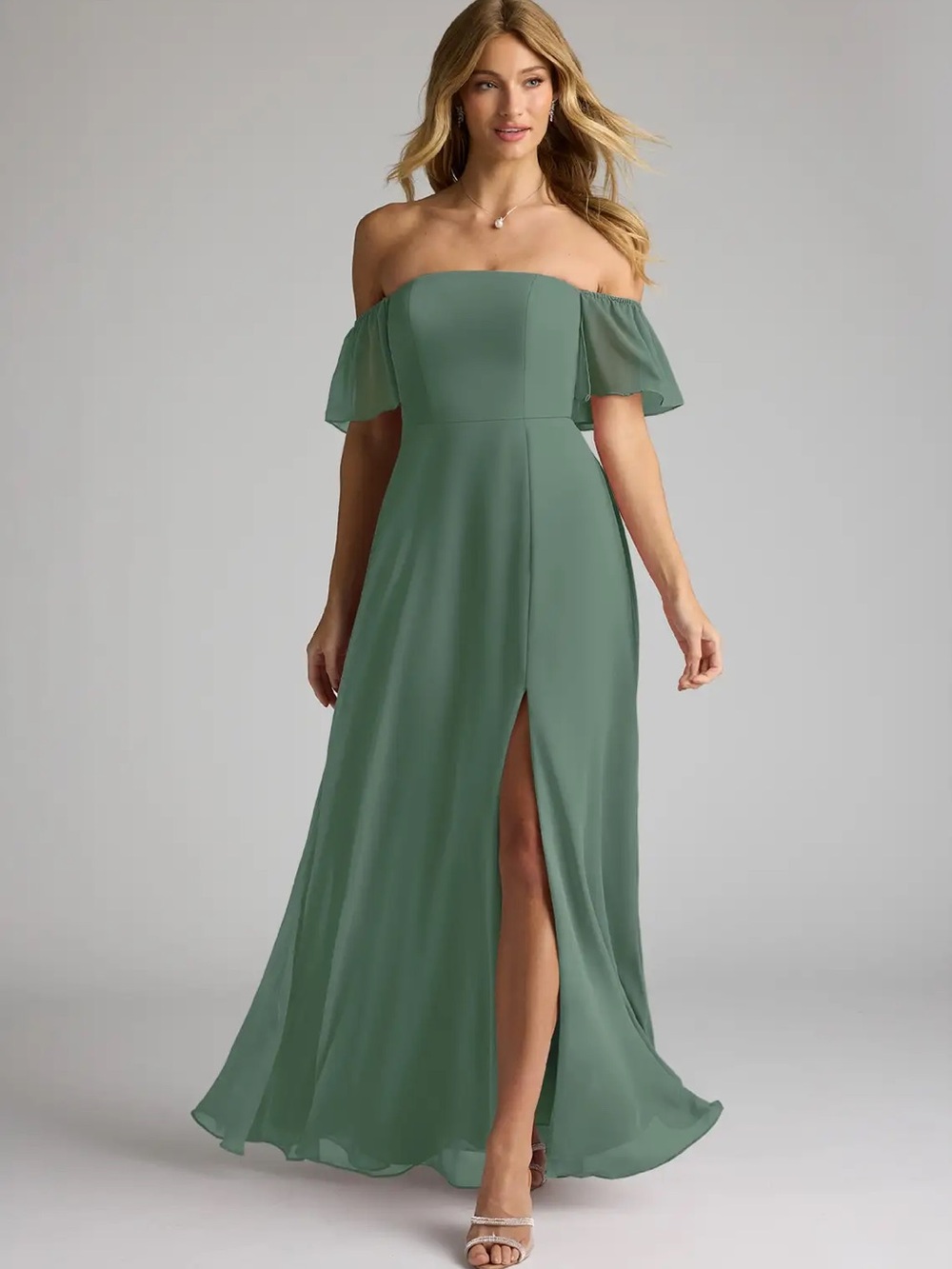 Azazie Sue Eucalyptus A-Line Off the Shoulder Chiffon Convertible Dress